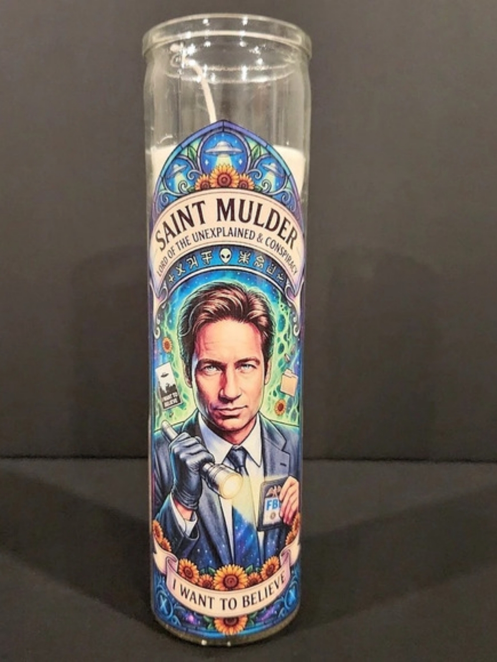 Fox Mulder Prayer Candle - Funny X Files Fan Gift - Alien Sci Fi Decor